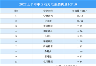 2022上半年中国动力电池装机量TOP10（附榜单）