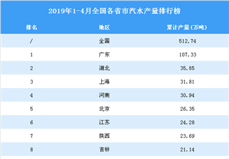 2019年1-4月全国各省市汽水产量排行榜TOP20