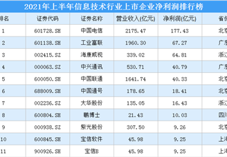 2021年上半年信息技术行业上市企业净利润排行榜（附全榜单）
