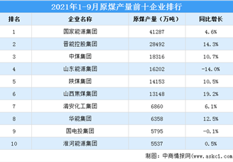 2021年1-9月原煤产量前十企业排行榜（附榜单）