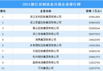 2021浙江省制造业百强企业排行榜（附完整榜单）