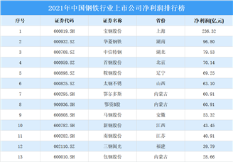 2021年中国钢铁行业上市公司净利润排行榜（附榜单）