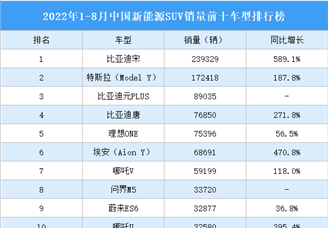 2022年1-8月中国新能源SUV销量前十车型排行榜（附榜单）