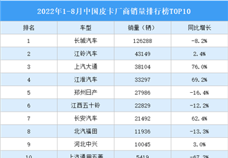 2022年1-8月中国皮卡厂商销量排行榜TOP10（附榜单）