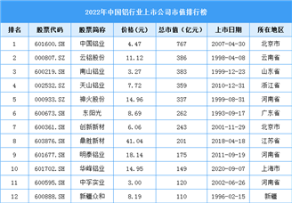 2022年度中国铝行业上市公司市值排行榜（图）