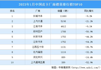 2023年1月中国皮卡厂商销量排行榜TOP10（附榜单）