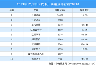 2023年12月中国皮卡厂商销量排行榜TOP10（附榜单）