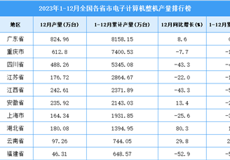 2023年全国各省市电子计算机整机产量排行榜
